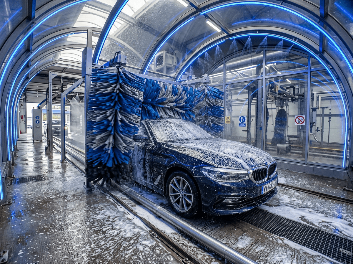 Textile Bürsten waschen ein dunkles Auto in der blau beleuchteten Waschstraße